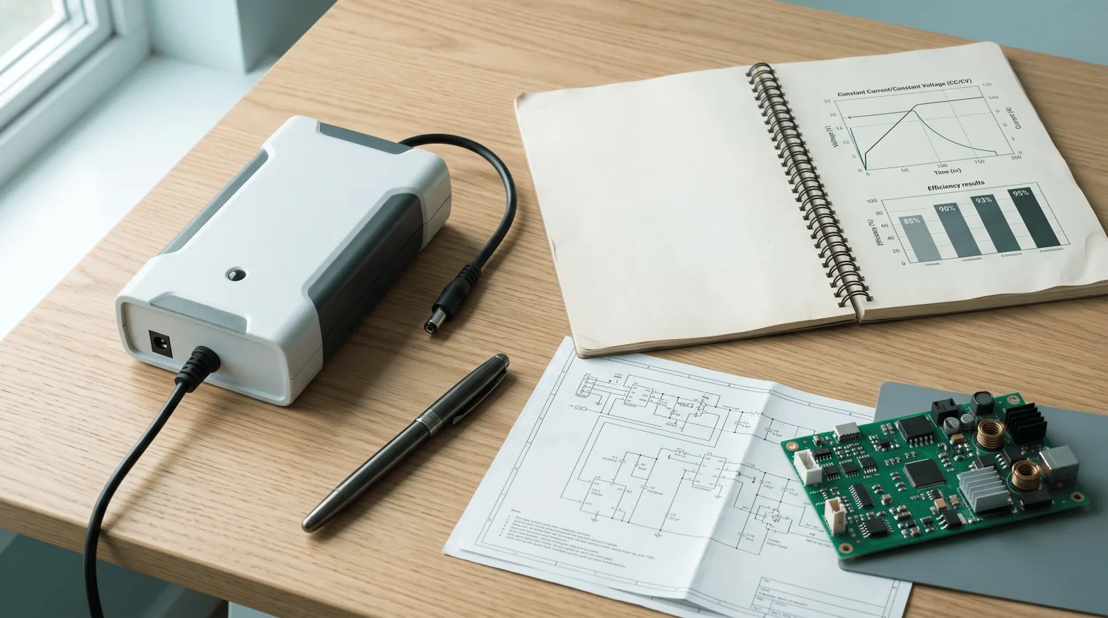 Finished battery charger product with printed design report, schematics, and test data laid out on a bench