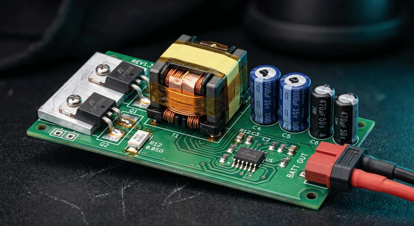 Custom battery charger PCB with transformer, power devices, and output connector during prototype build