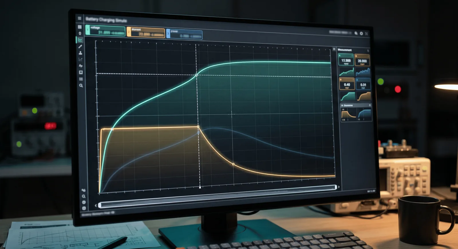 Battery charging CC/CV current and voltage curves in a circuit simulation on screen