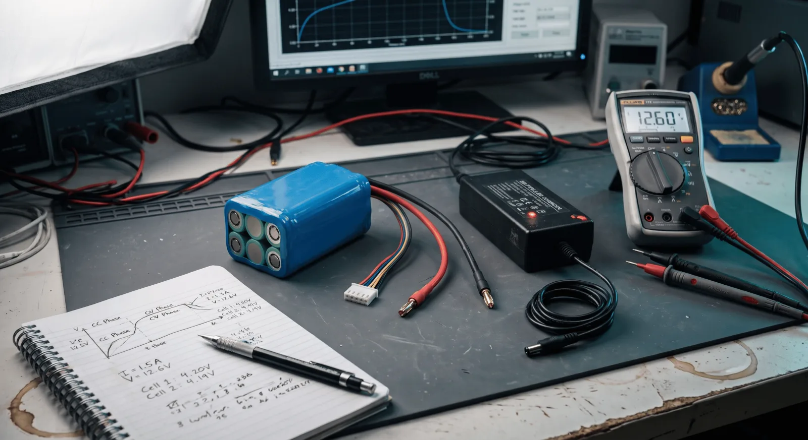 Lithium battery pack and charger on a lab bench with a charge-profile specification on screen