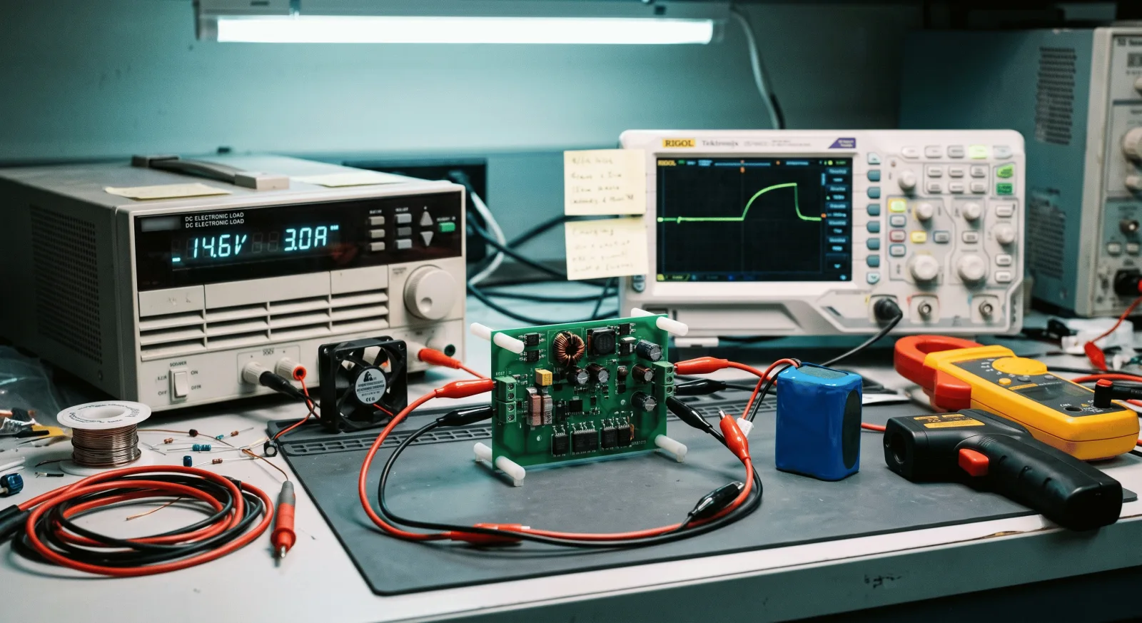 Battery charger prototype on a bench connected to an electronic load and oscilloscope for efficiency and safety testing
