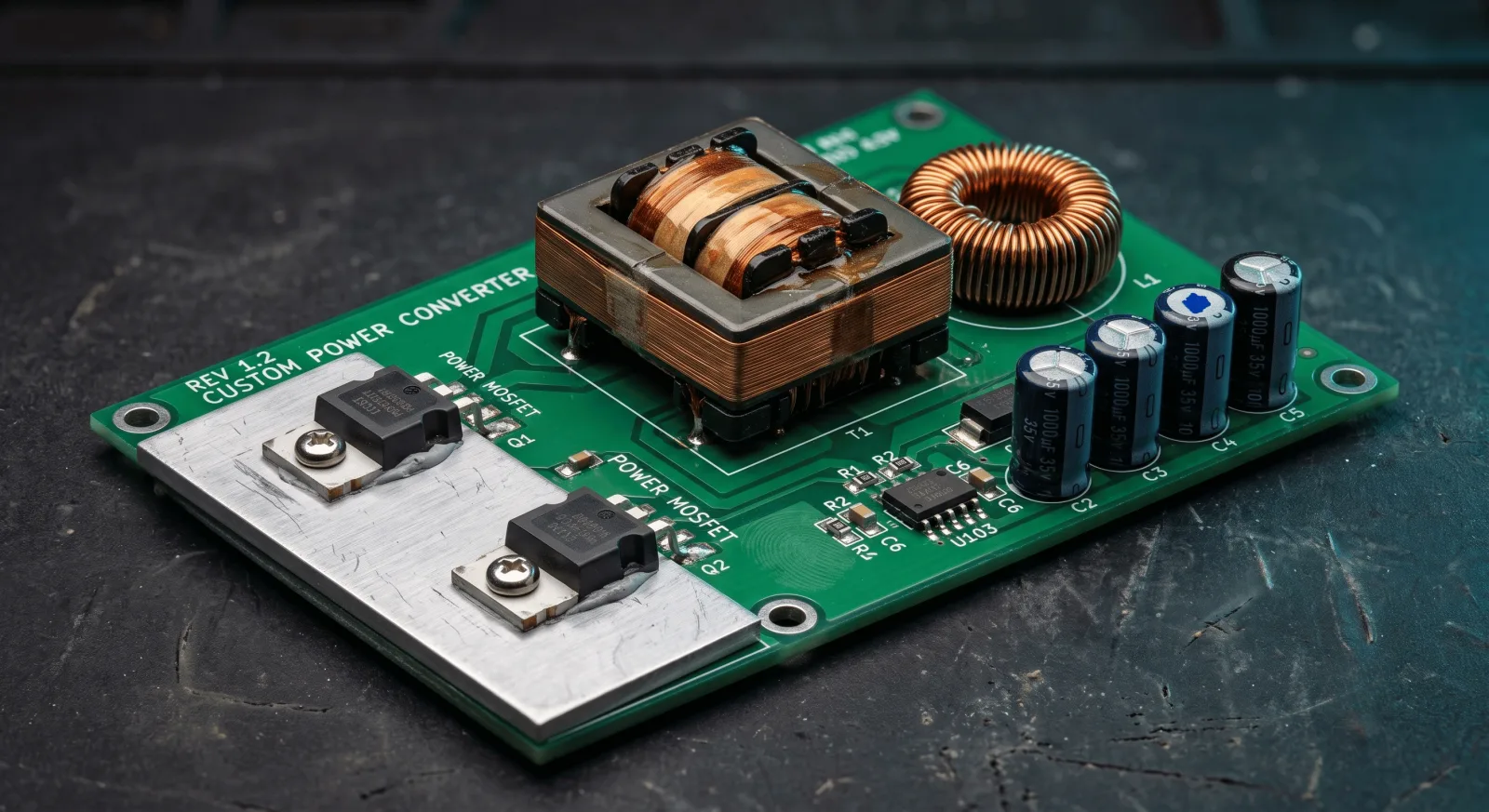 Custom converter PCB with transformer, inductor, and power MOSFETs during prototype build