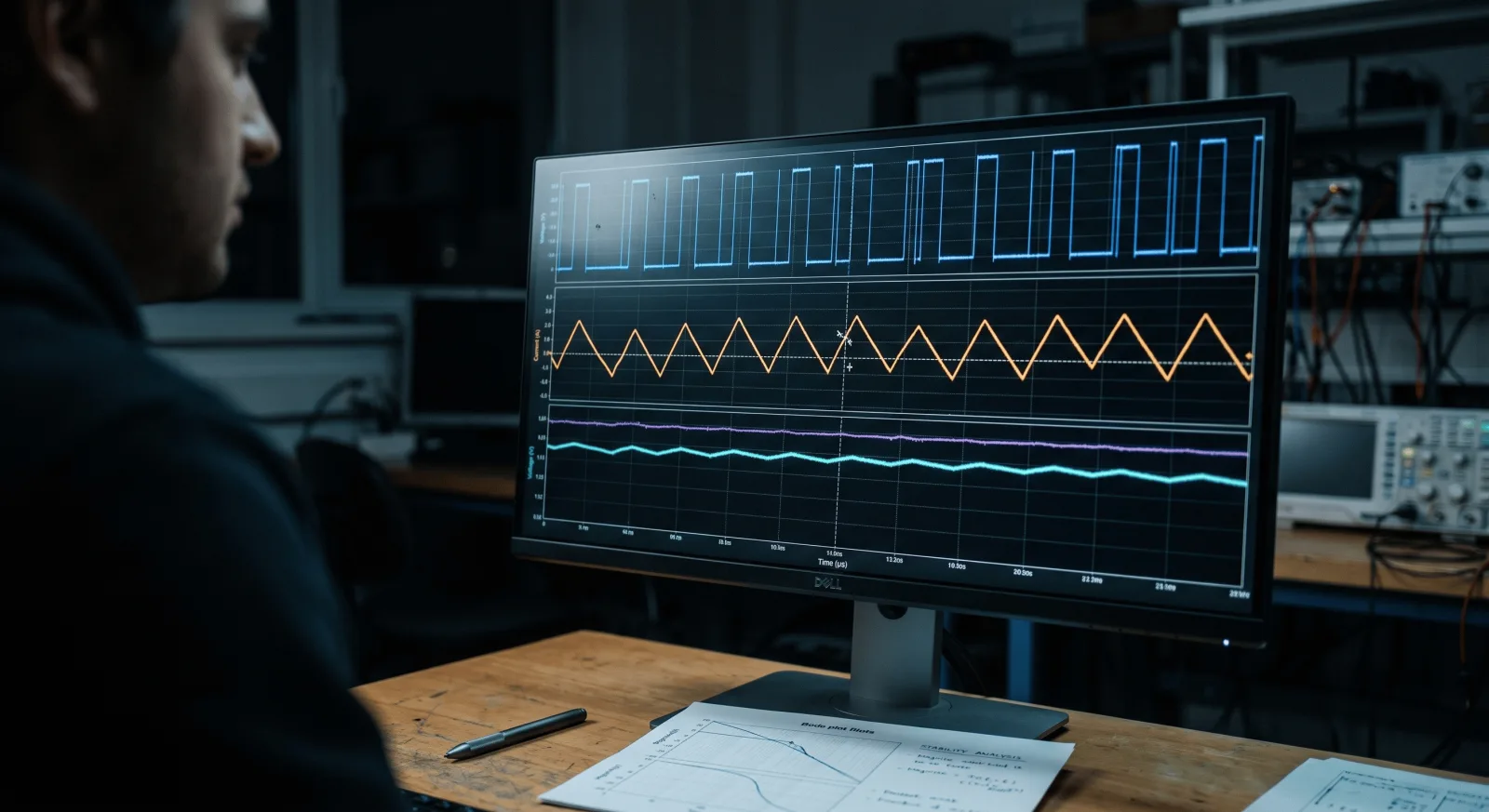 Converter simulation showing switching and control waveforms during design validation
