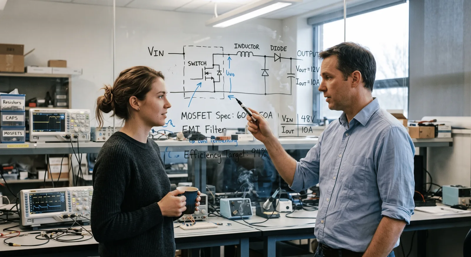 Engineers defining converter specifications — input/output voltage, power, and efficiency targets — on a whiteboard