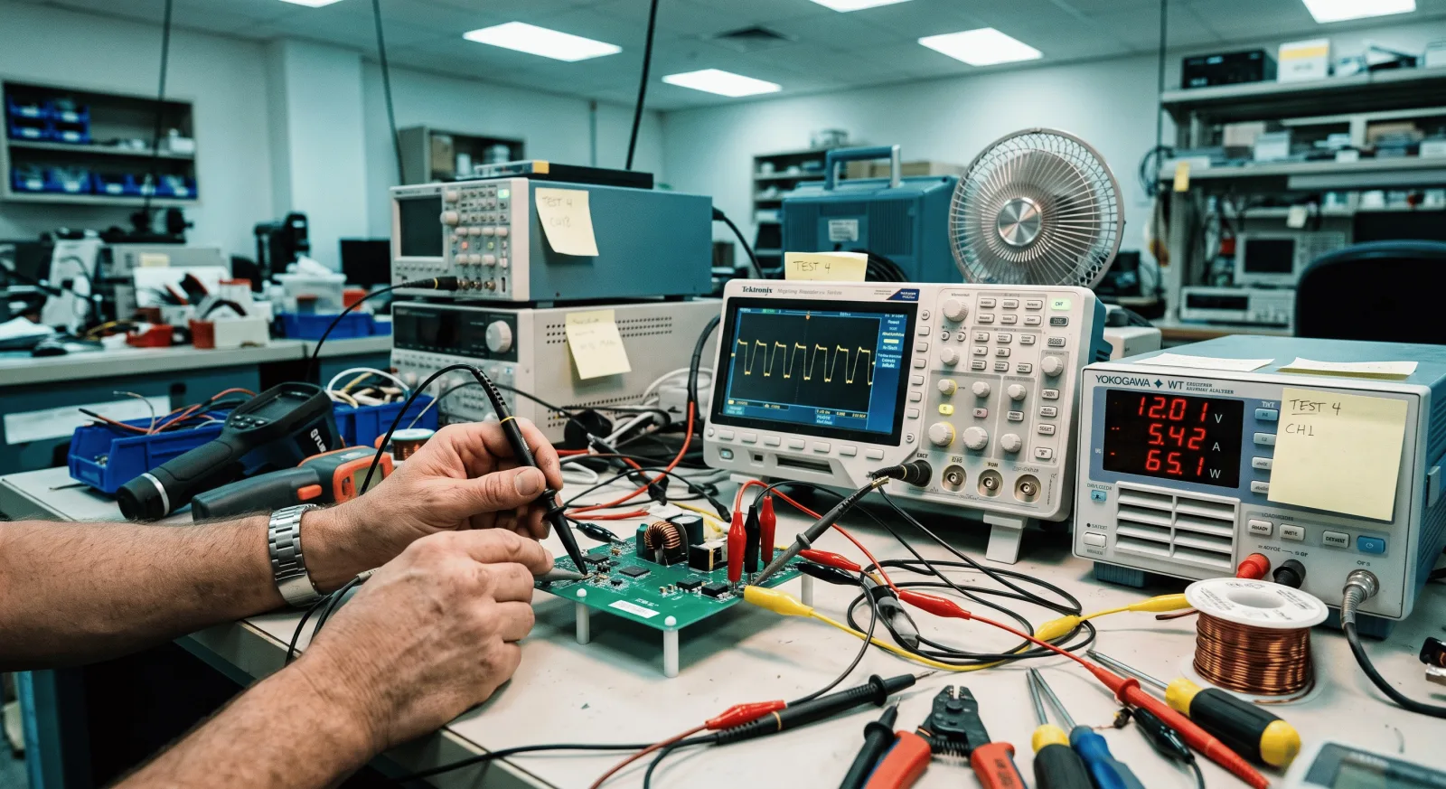 Bench testing a converter prototype with an oscilloscope and power analyzer for efficiency and EMI