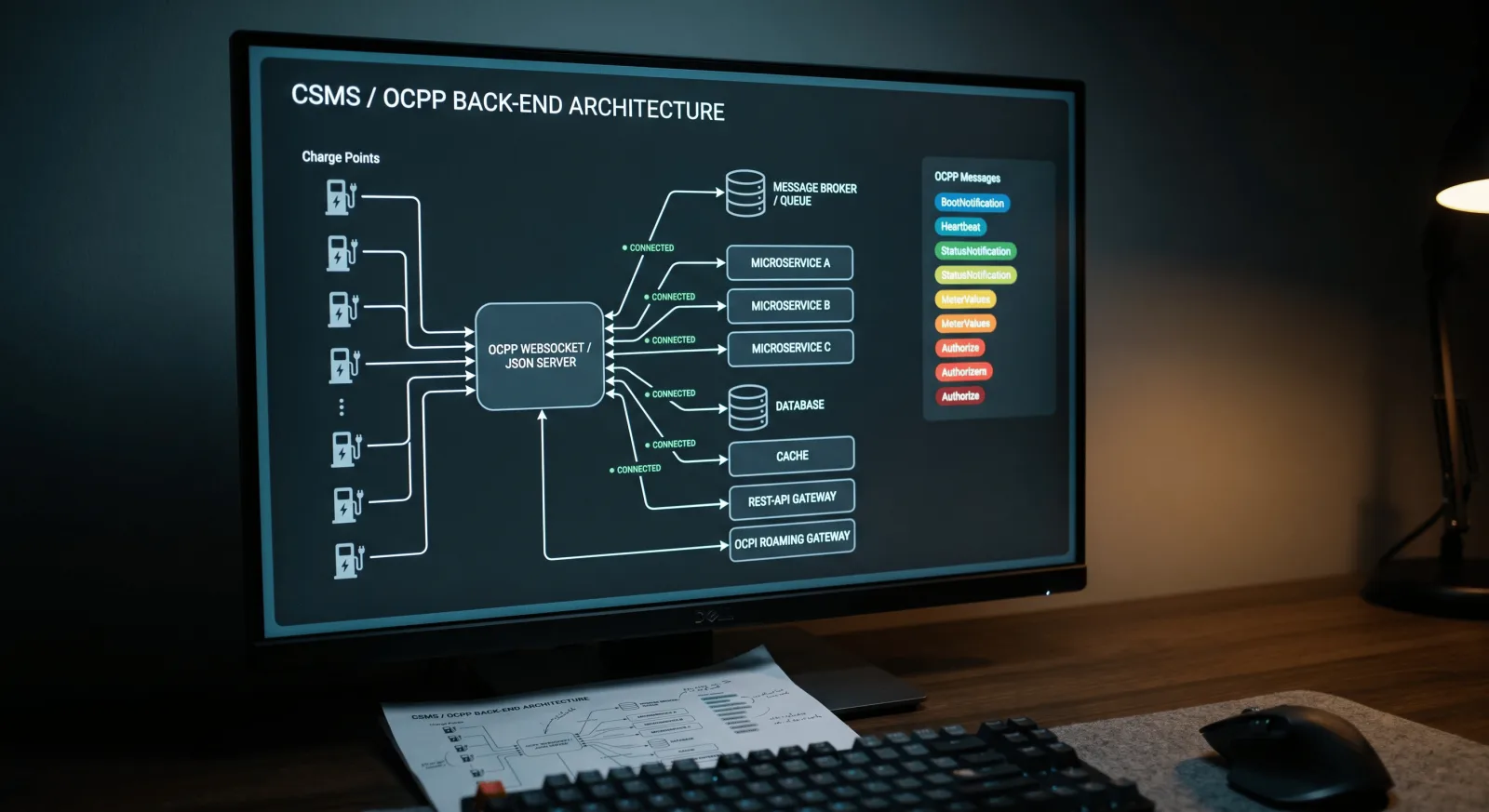 CSMS architecture diagram with an OCPP WebSocket JSON server and device registry