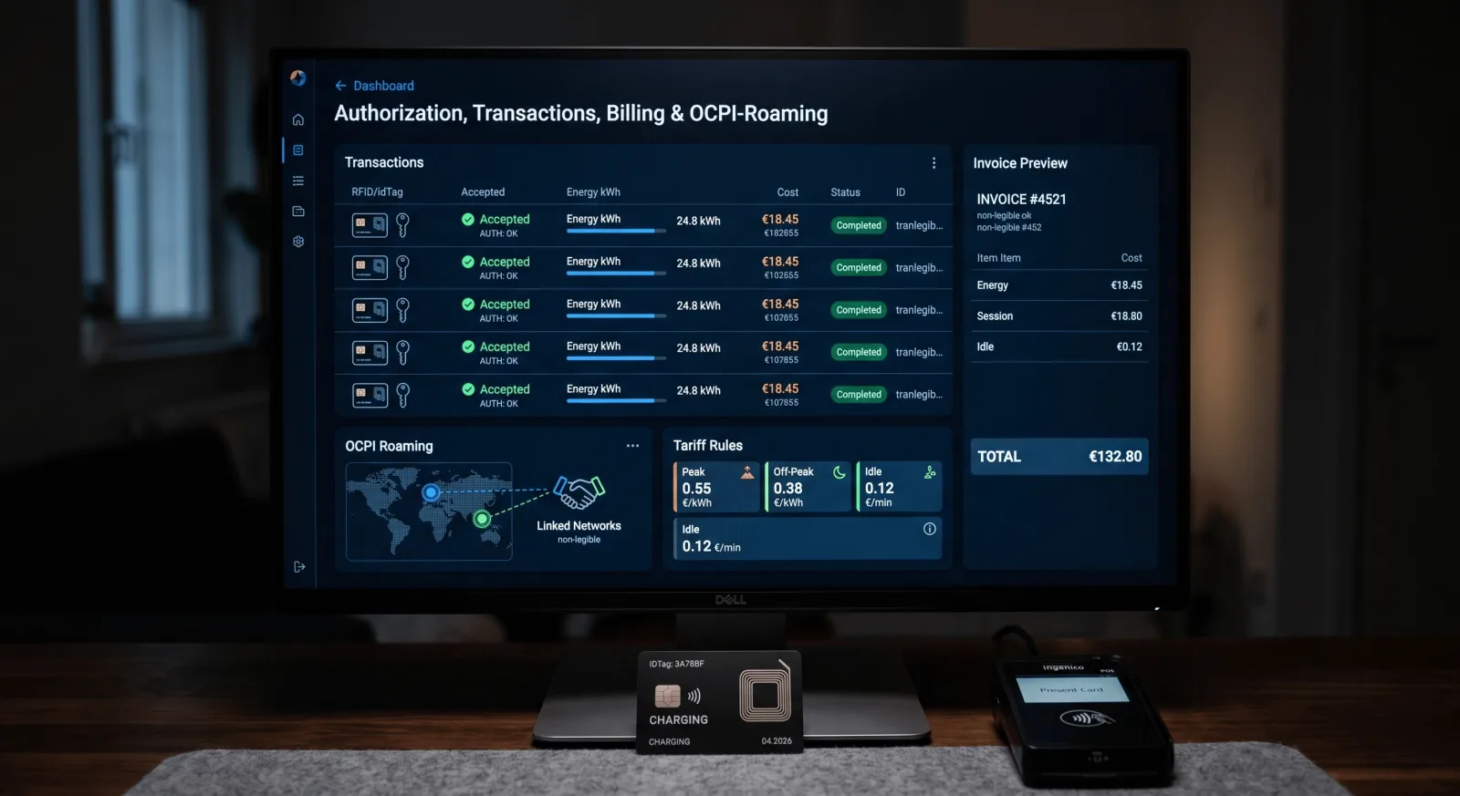 RFID authorization, transactions, billing and OCPI roaming interface