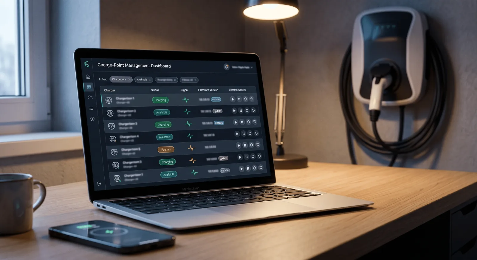 Charge point management screen showing onboarding, status and remote control
