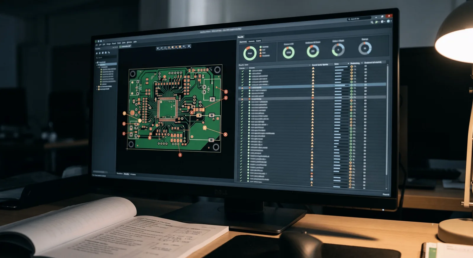 PCB design-rule check and DFM verification report on screen before fabrication