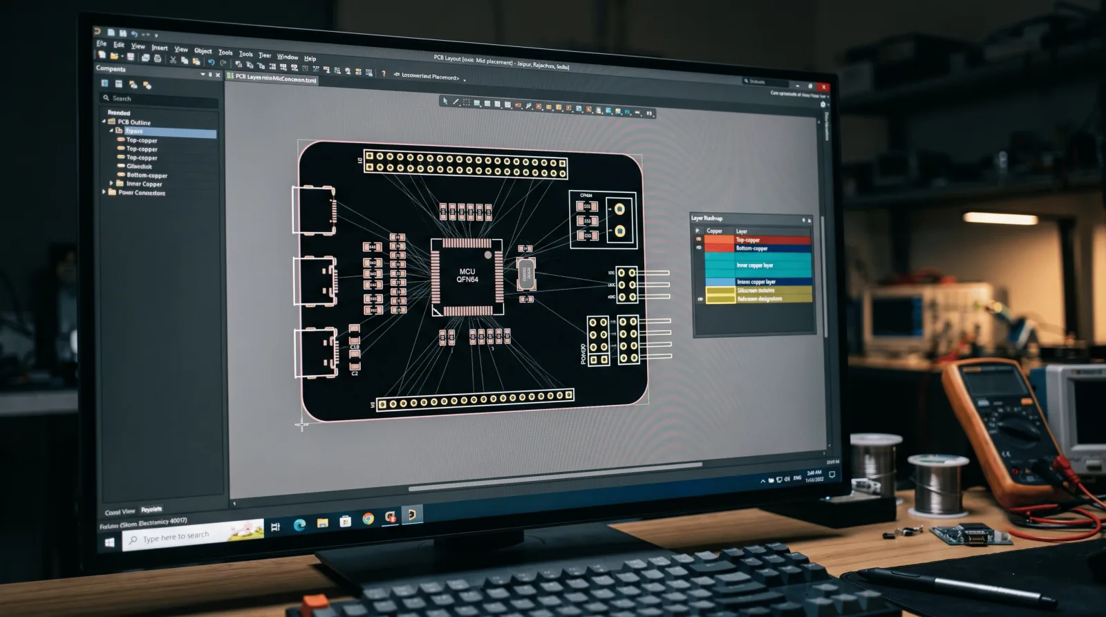 PCB layer stack-up and component placement on screen during board layout