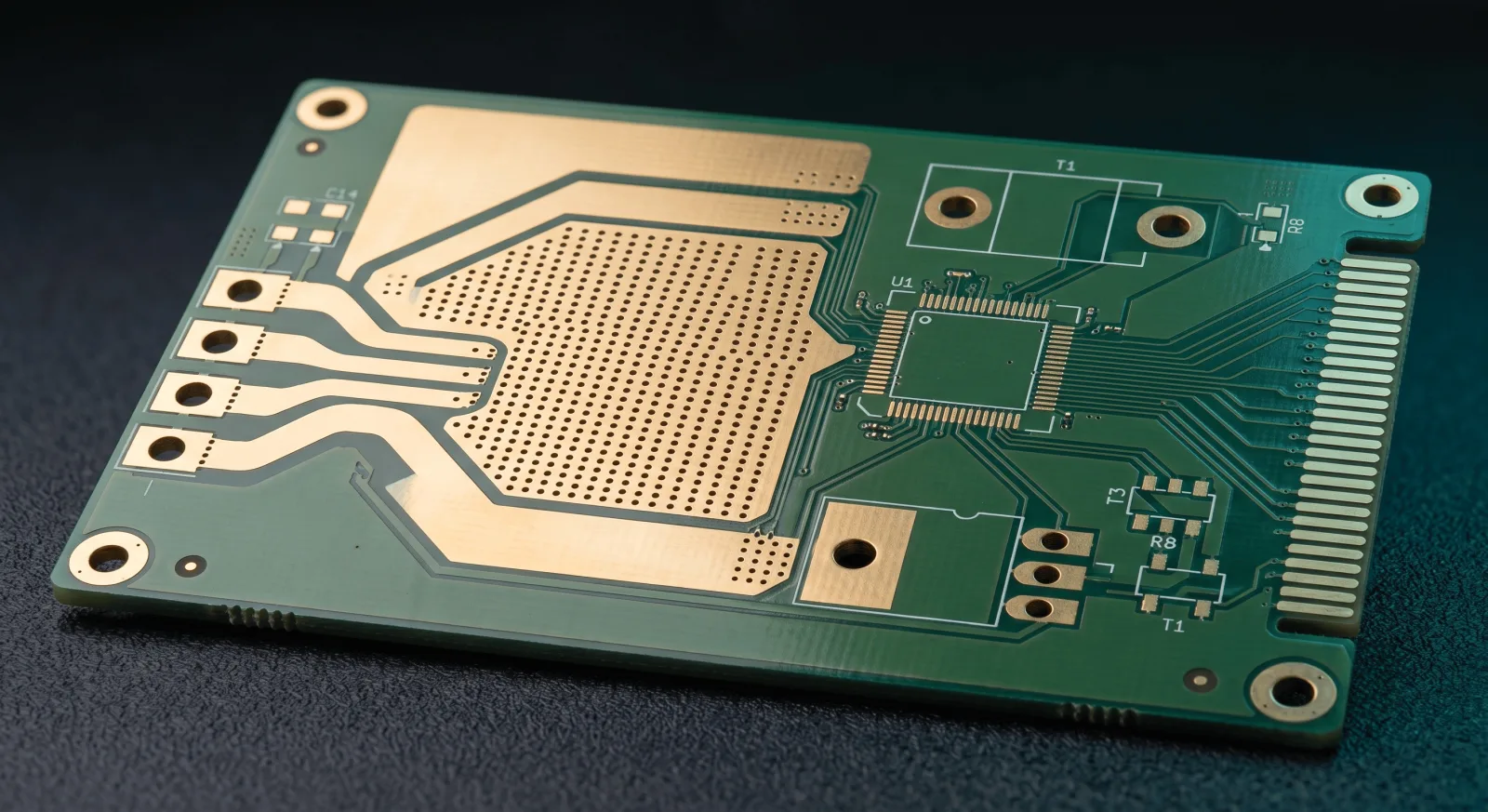 PCB power planes, copper pours, and thermal via stitching shown during power and EMI design