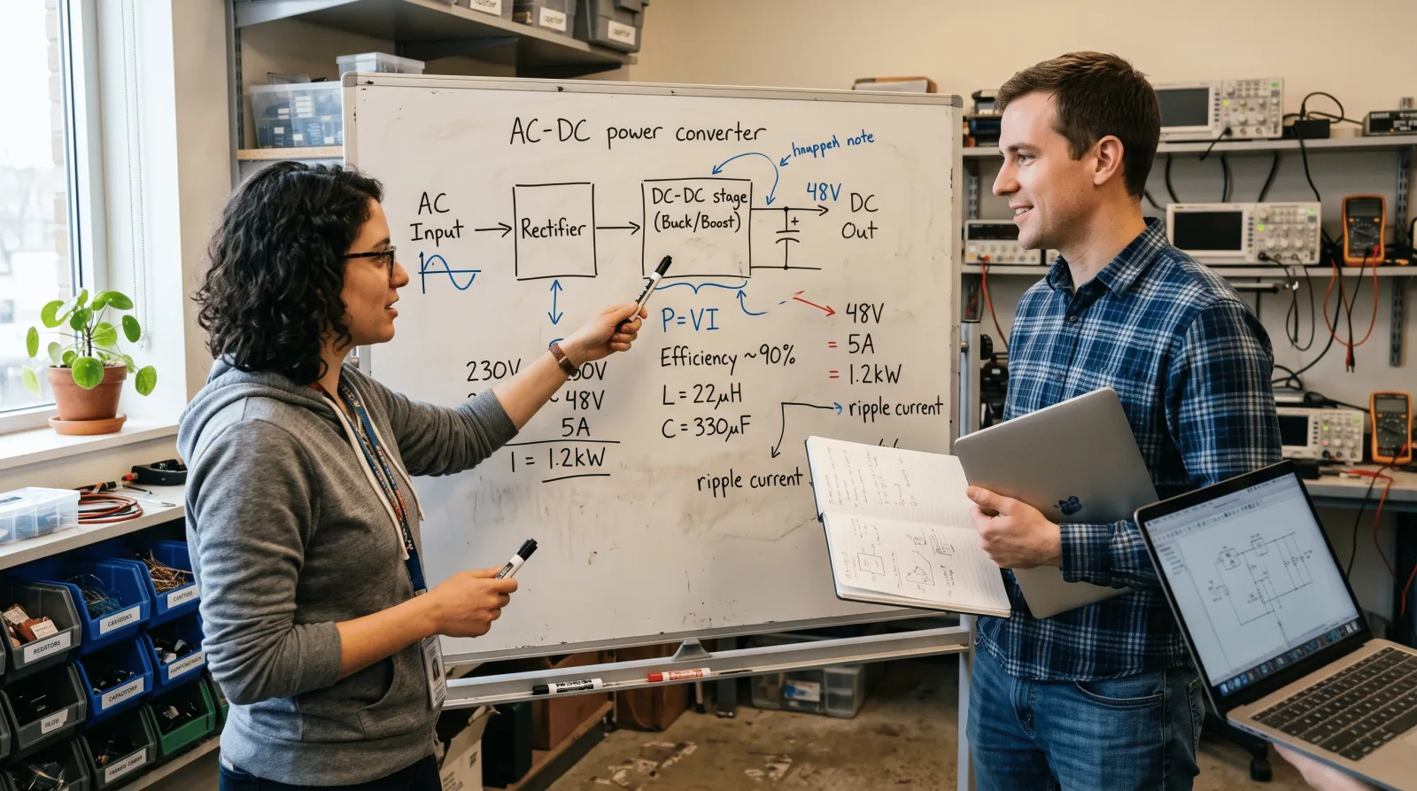 Engineers reviewing a circuit schematic and design notes during concept and feasibility