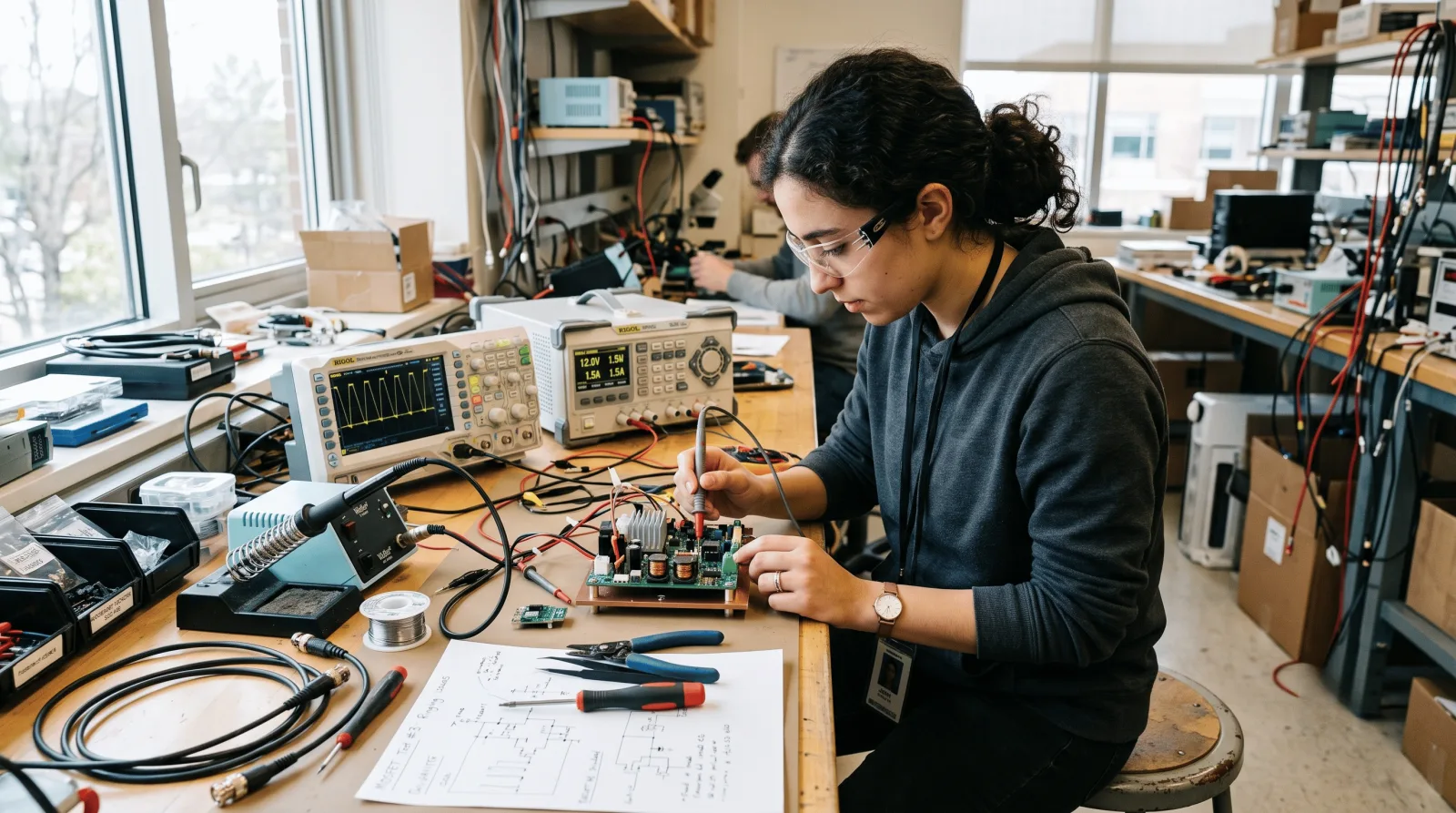 Engineer verifying a finished, tested power-electronics board on an oscilloscope before handover