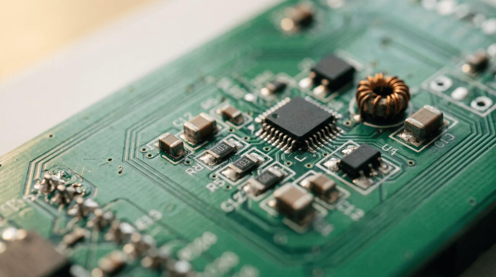 Close-up of a custom multilayer PCB with power-electronics components during prototype build