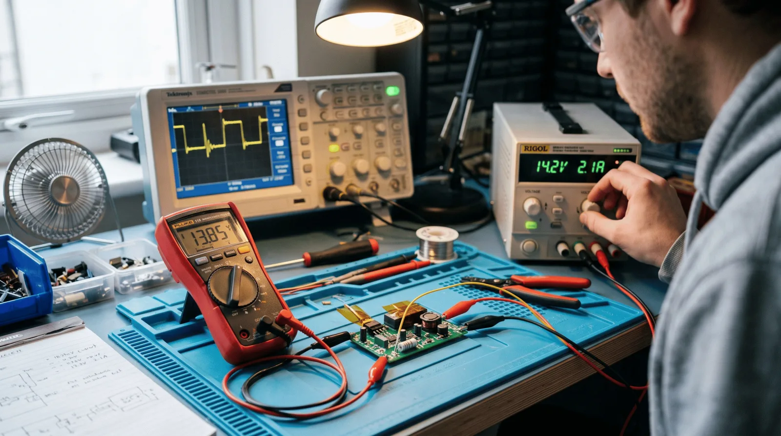 Bench testing and measurement of a prototype board during validation