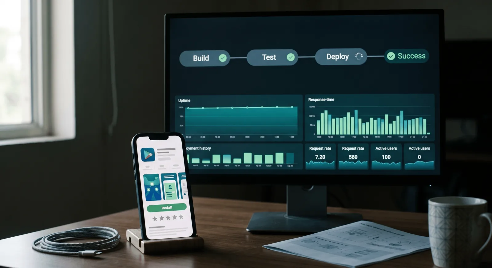 CI/CD deployment pipeline and Google Play Store release of a website and Android app with monitoring dashboards