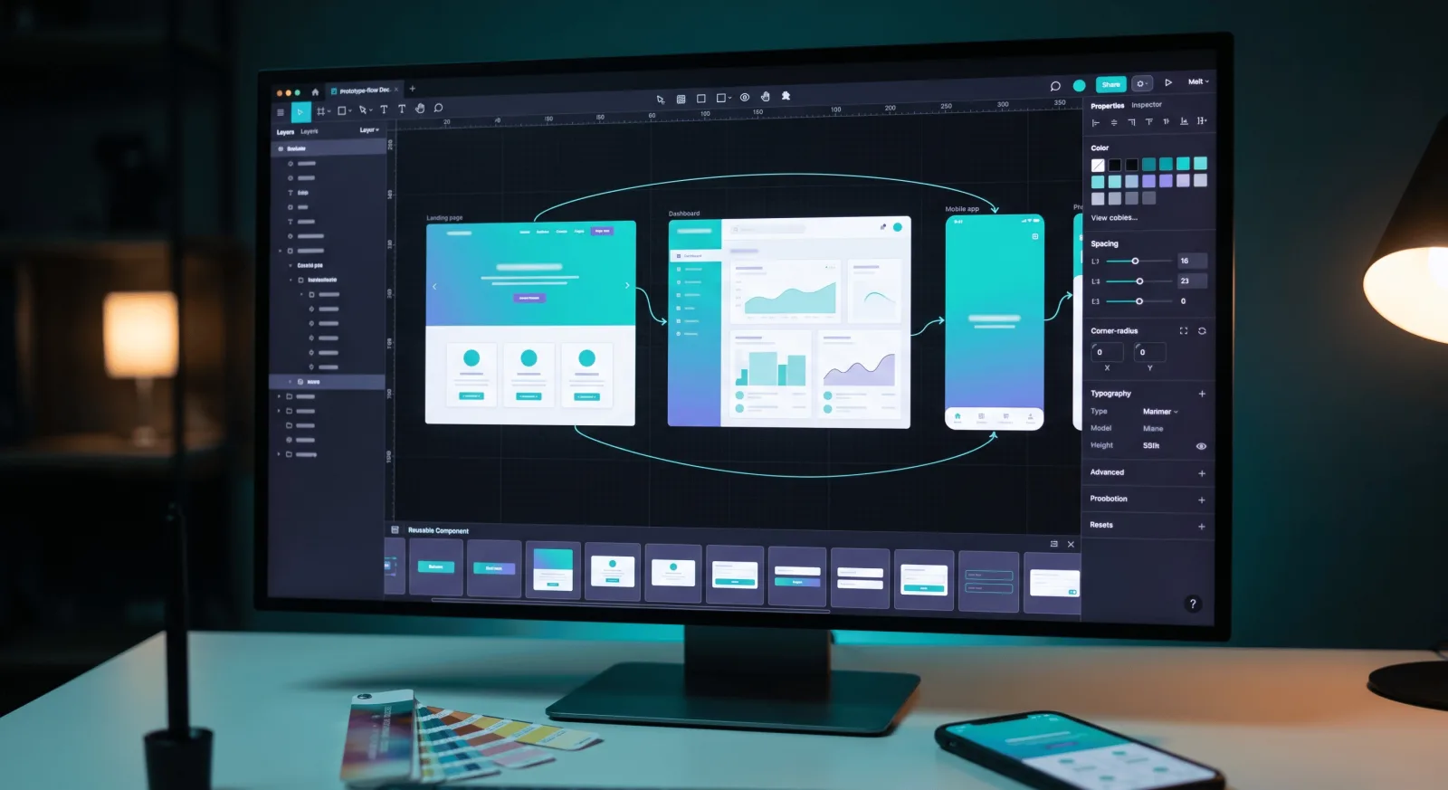 Wireframes, interactive prototypes, and a design system for a website and mobile app on screen