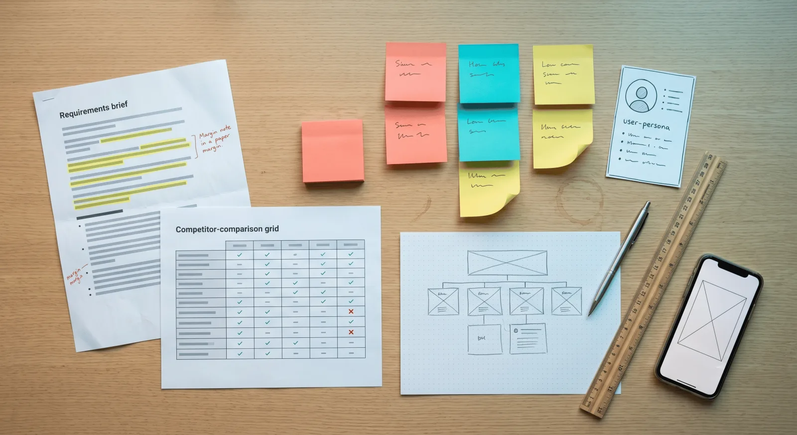 Requirements research, competitor analysis, and feature notes on a whiteboard during web and app discovery