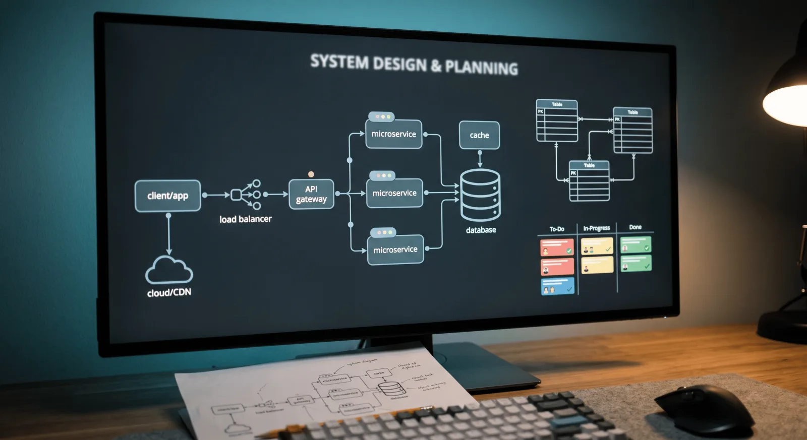 System architecture diagram, database schema, and an agile sprint board for a web and app project