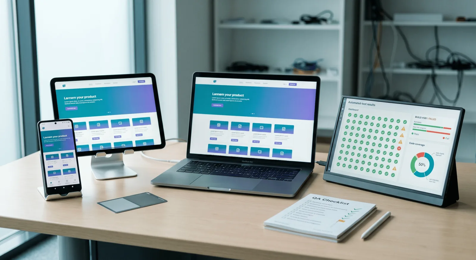 A website and Android app tested across laptop, tablet, and phone with automated test results during QA