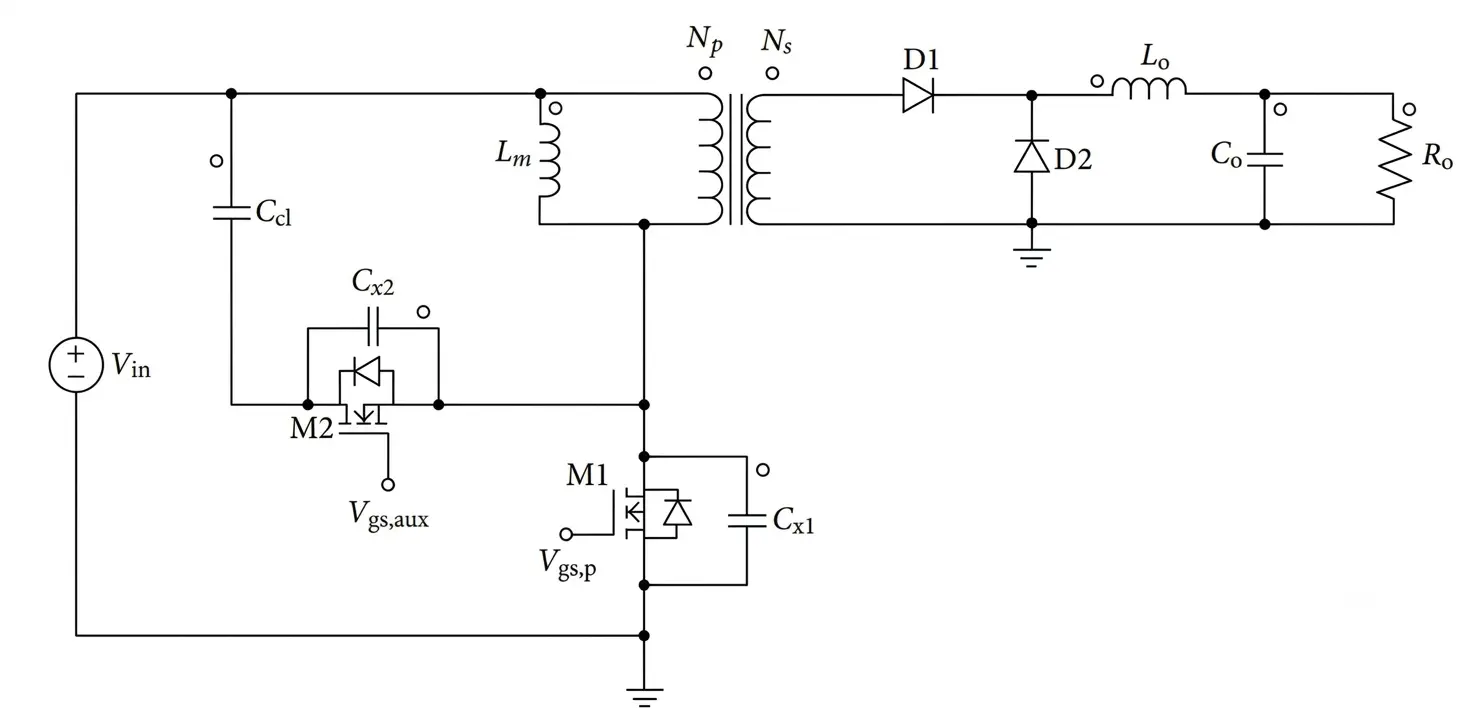 Circuit diagram of an active-clamp forward converter. The transformer primary Np and its magnetising inductance Lm connect the positive input rail to the switching node. The main MOSFET M1 sits from the switching node to ground with lump capacitor Cx1 across it. The active clamp is reset capacitor Ccl in series with auxiliary MOSFET M2, connected in parallel with the primary from the input rail to the switching node, with Cx2 across M2. On the isolated secondary, rectifier diode D1 feeds node P and the output inductor Lo, freewheel diode D2 returns to the secondary ground, and an output capacitor Co feeds load Ro to give output voltage Vo.