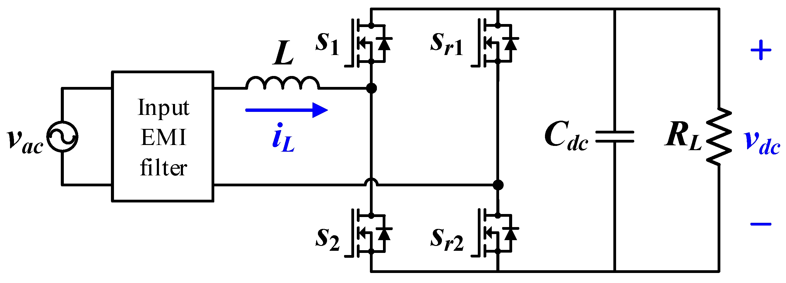 Single-phase totem-pole PFC power circuit: a boost inductor on the AC line, a fast GaN half-bridge leg (Q1, Q2), a slow silicon half-bridge leg (Q3, Q4) tied to the neutral, an output capacitor and load across the DC bus