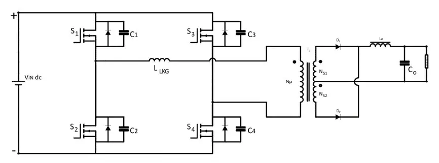 Circuit diagram of a phase-shifted full-bridge converter: four MOSFETs S1, S2, S3, S4 in two legs across the DC input Vin form switching nodes A and B; each MOSFET has an antiparallel body diode and a parasitic output capacitor C1 to C4; a leakage inductor L-lkg in series with the transformer primary connects node A to node B; the transformer has a centre-tapped secondary Ns1 and Ns2 feeding two diodes D1 and D2 into an output inductor Lo, capacitor Co and load R producing Vo. Leg S1/S2 is the leading leg and leg S3/S4, phase-shifted, is the lagging leg.
