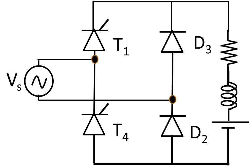 Asymmetrical single-phase semi-converter circuit: one thyristor and one diode placed in each leg of the bridge, so the two SCRs do not share a common cathode