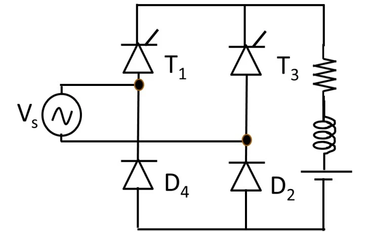 Symmetrical single-phase semi-converter circuit: two thyristors T1 and T2 in the upper arms sharing a common cathode, two diodes D1 and D2 in the lower arms