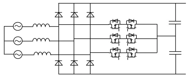 Three-phase Vienna rectifier power circuit: three boost inductors, per-phase boost diodes to the positive and negative rails, three bidirectional switches to the split DC-link midpoint, output capacitors and load