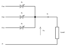 Three-phase half-wave three-pulse thyristor rectifier: three phases a, b, c feeding three common-cathode SCRs (T1, T2, T3) into an R-L-E load with neutral return
