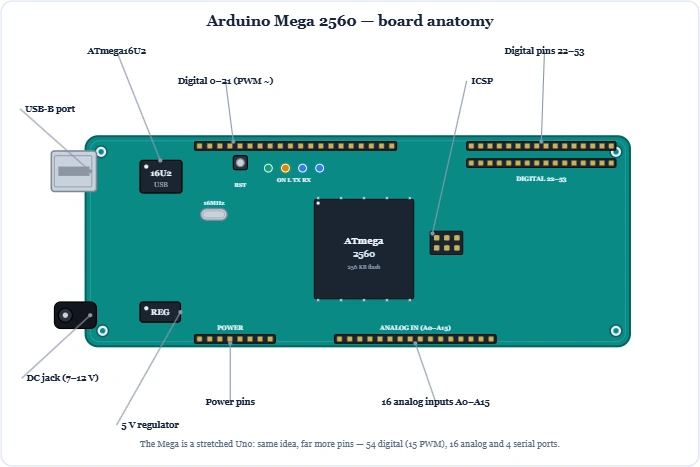 Arduino Mega 2560 board anatomy showing the ATmega2560, USB-B, DC jack, the 22-53 digital block and 16 analog inputs with pinout – Topics | Power4All