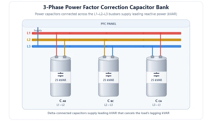 3-phase power factor correction capacitor bank supplying leading kVAR across the busbars diagram – Topics | Power4All