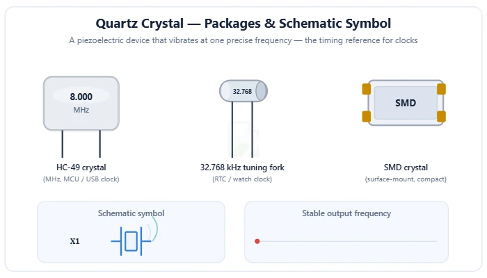 Quartz crystal packages and schematic symbol – HC-49, 32.768 kHz tuning fork and SMD crystal frequency reference diagram – Topics | Power4All