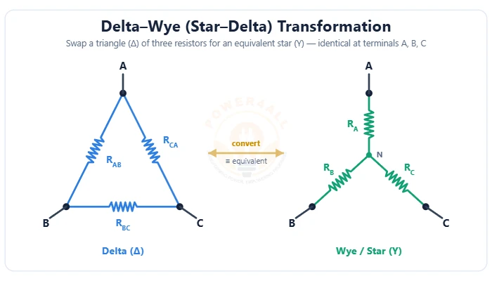 Delta network of three resistors and its equivalent wye (star) network diagram – Topics | Power4All