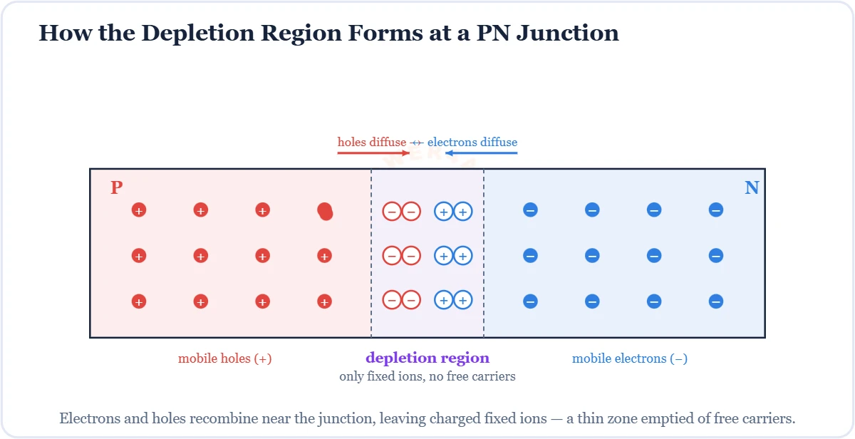 Depletion region of a PN junction with fixed acceptor and donor ions diagram – Topics | Power4All