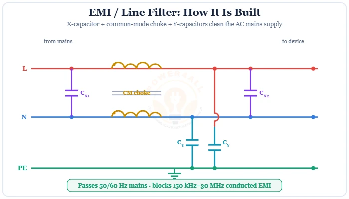 EMI line filter circuit with X-capacitor, common-mode choke and Y-capacitors – Topics | Power4All