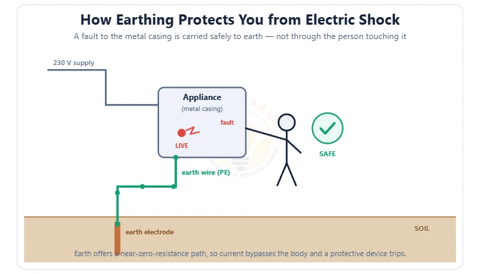 Earthing protecting a person from electric shock, fault current flowing to a buried earth electrode diagram – Topics | Power4All