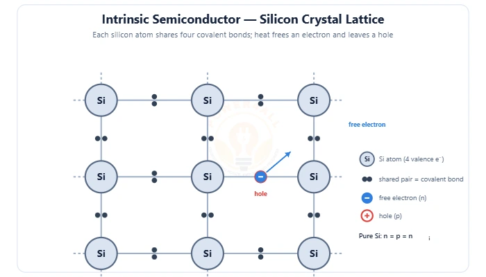 Intrinsic silicon crystal lattice with covalent bonds and a free electron and hole – intrinsic and extrinsic semiconductors diagram – Topics | Power4All