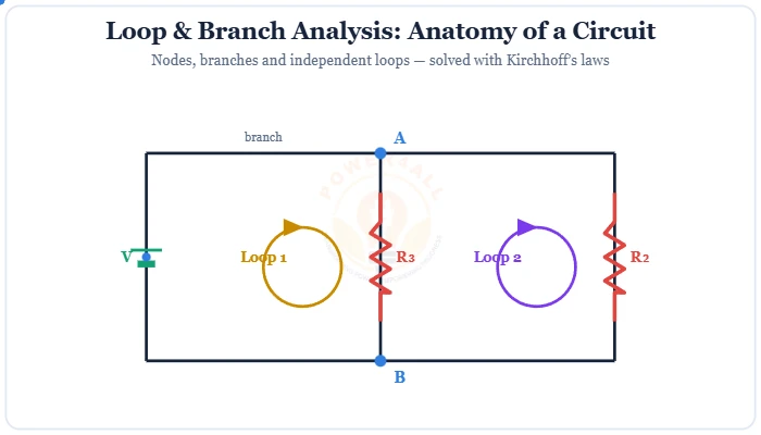 Loop and branch analysis circuit diagram with nodes, branches and loops – Topics | Power4All