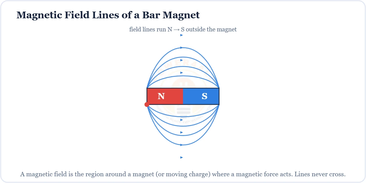 Magnetic field lines of a bar magnet, flux density B = phi/A, right-hand rule diagram – Topics | Power4All