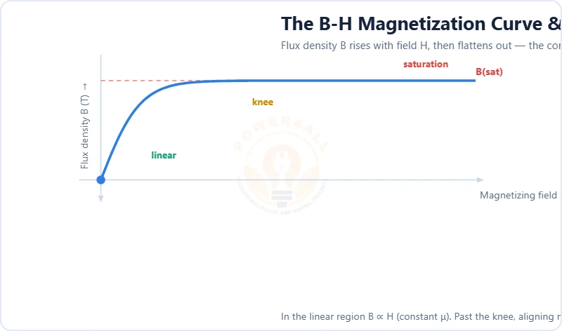 B-H magnetization curve showing magnetic saturation, the knee and saturation flux density Bsat – Topics | Power4All
