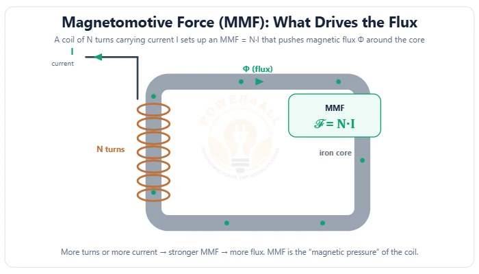 Coil of N turns on an iron core producing magnetomotive force MMF = N times I diagram – Topics | Power4All