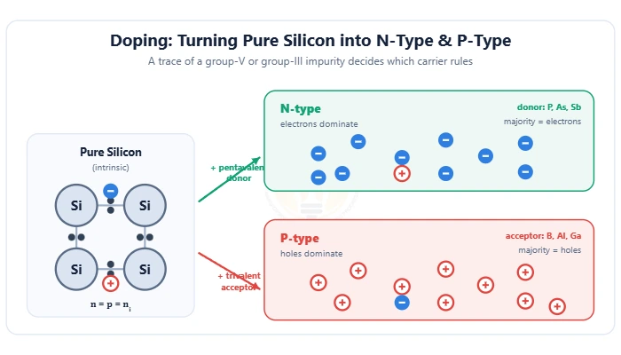 Doping diagram: pure silicon becomes n-type with a pentavalent donor or p-type with a trivalent acceptor – Topics | Power4All
