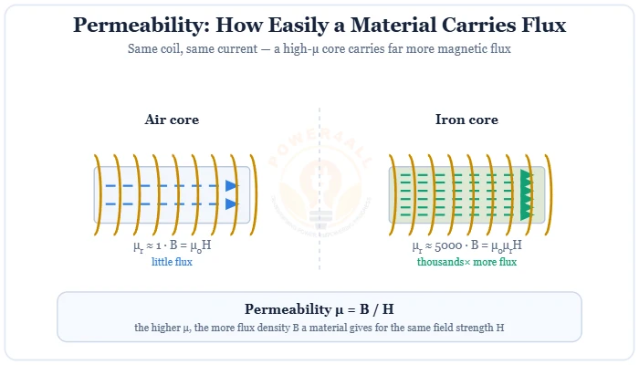 Magnetic permeability air-core vs iron-core diagram, B = mu H – Topics | Power4All