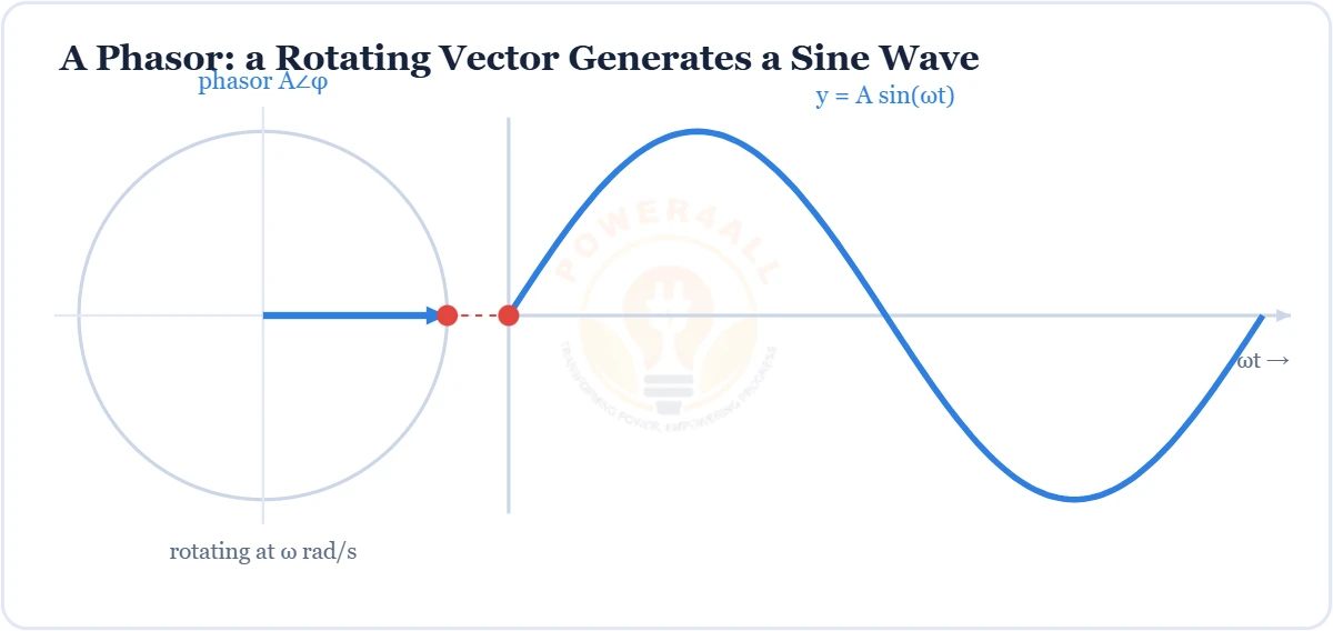 Phasor rotating vector generating a sine wave, Z = a + jb = r angle theta diagram – Topics | Power4All