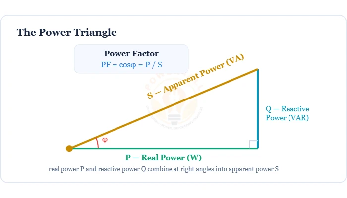Power triangle and power factor PF = cos phi = P/S diagram – Topics | Power4All