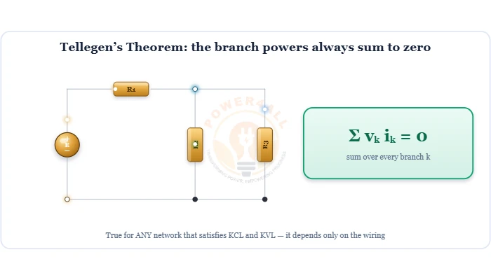 Tellegen's theorem: the sum over all branches of branch voltage times branch current is zero for any network obeying Kirchhoff's laws diagram – Topics | Power4All